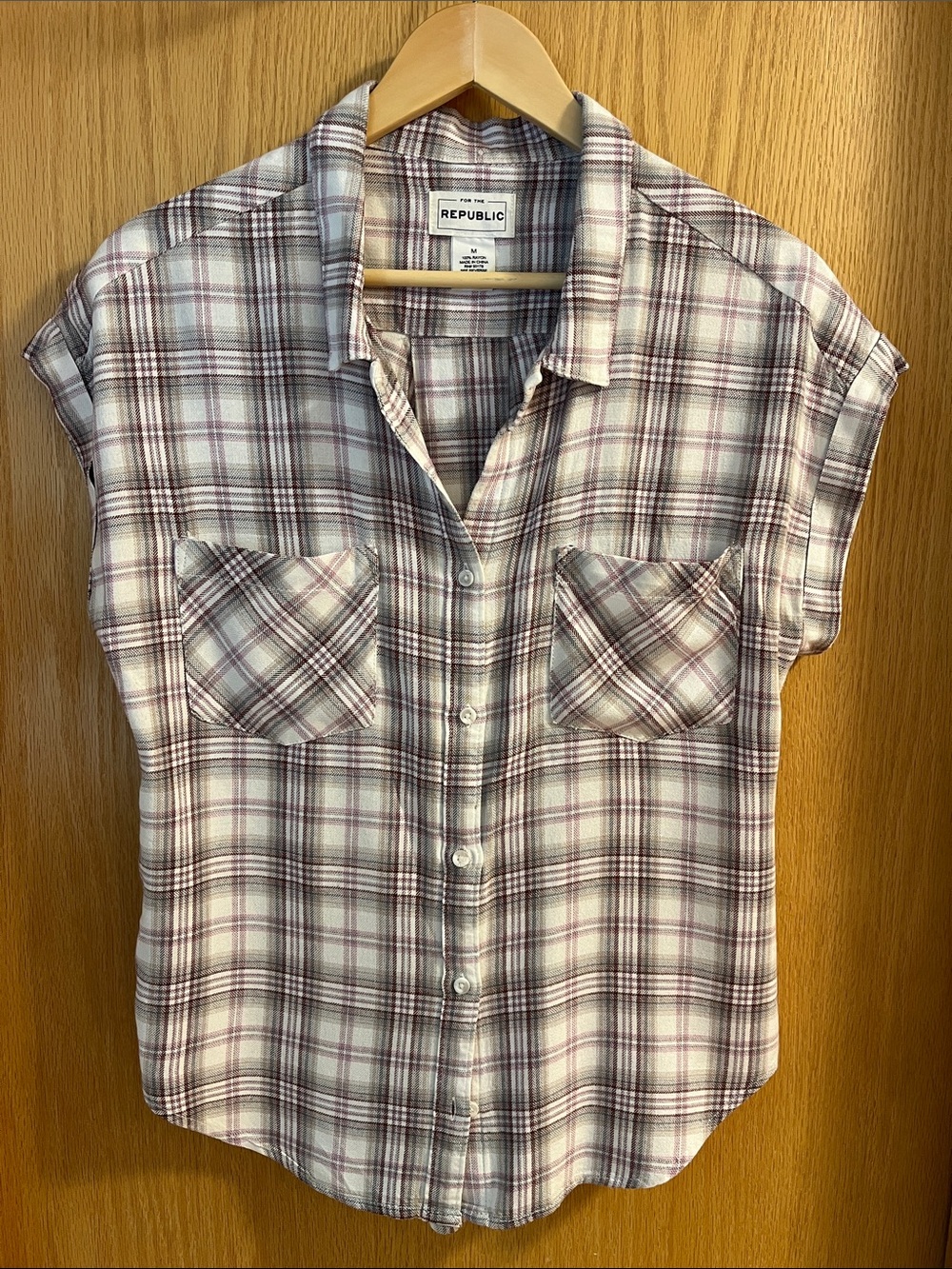 For The Republic Sleeveless Plaid Button-Up in Cream and Burgundy